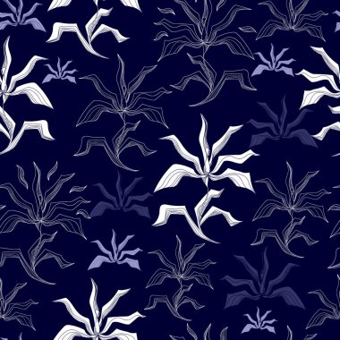 Mavi bir arka plan üzerinde beyaz çiçekler ile Seamless modeli. Elle çizilmiş çiçek doku.