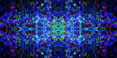 Simetri ve yansıma. Işık efektleri. Neon parıltısı. Soyut bulanık arka plan. Renkli desen. Doku.