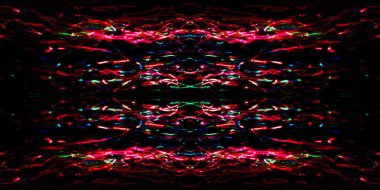 Simetri ve yansıma. Işık efektleri. Neon parıltısı. Soyut bulanık arka plan. Renkli desen. Doku.