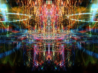 Simetri ve yansıma. Işık efektleri. Neon parıltısı. Soyut bulanık arka plan. Renkli desen.