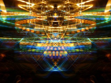 Simetri ve yansıma. Işık efektleri. Neon parıltısı. Soyut bulanık arka plan. Renkli desen.