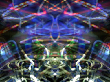 Simetri ve yansıma. Işık efektleri. Neon parıltısı. Soyut bulanık arka plan. Renkli desen.