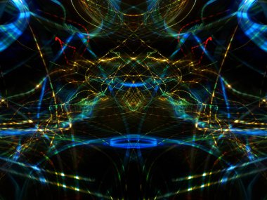 Simetri ve yansıma. Işık efektleri. Neon parıltısı. Soyut bulanık arka plan. Renkli desen.