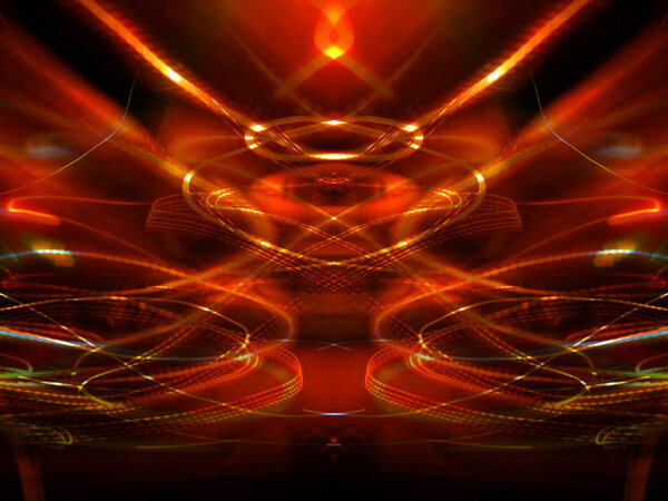 Symmetry and reflection. Light effects. Neon glow. Abstract blurred background. Colorful pattern.