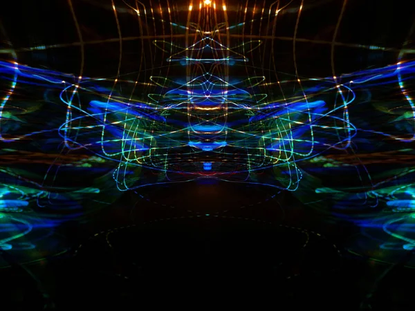 Symétrie Réflexion Effets Lumière Fluo Fluo Fond Flou Abstrait Modèle — Photo
