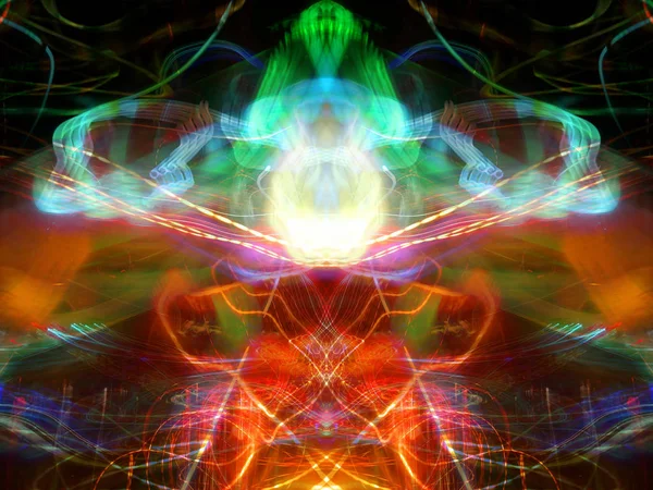 Simetri ve yansıma. Işık efektleri. Neon parıltısı. Soyut bulanık arka plan. Renkli desen.