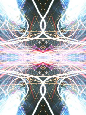 Simetri ve yansıma. Işık efektleri. Neon parıltısı. Soyut bulanık arka plan. Renkli desen.