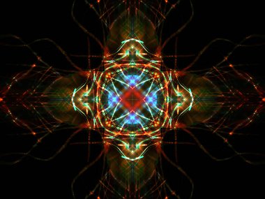 Simetri ve yansıma. Işık efektleri. Neon parıltısı. Soyut bulanık arka plan. Renkli desen.