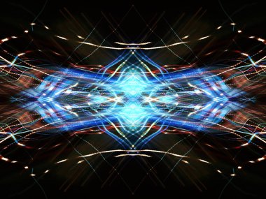 Simetri ve yansıma. Işık efektleri. Neon parıltısı. Şenlikli dekorasyon. Soyut bulanık arka plan. Parlayan doku. Parlayan desen.