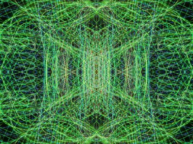 Simetri ve yansıma. Işık efektleri. Neon parıltısı. Şenlikli dekorasyon. Soyut bulanık arka plan. Parlayan doku. Parlayan desen.