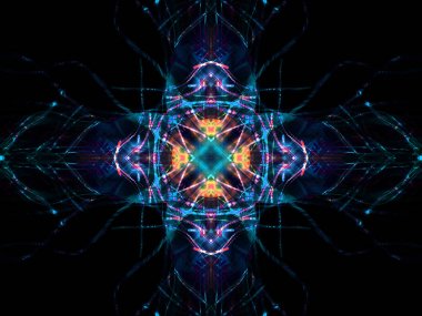 Simetri ve yansıma. Işık efektleri. Neon parıltısı. Şenlikli dekorasyon. Soyut bulanık arka plan. Parlayan doku. Parlayan desen.