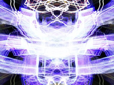 Simetri ve yansıma. Işık efektleri. Neon parıltısı. Şenlikli dekorasyon. Soyut bulanık arka plan. Parlayan doku. Parlayan desen.