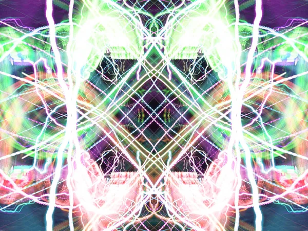 Szimmetria Elmélkedés Fényhatások Neonfény Ünnepi Dekoráció Absztrakt Elmosódott Háttér Izzó — Stock Fotó