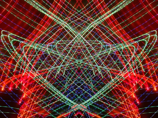 Symmetrie Reflectie Lichteffecten Neon Gloed Feestelijke Decoratie Abstracte Onscherpe Achtergrond — Stockfoto