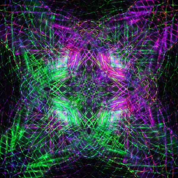 Symmetrie Reflectie Lichteffecten Neon Gloed Feestelijke Decoratie Abstracte Onscherpe Achtergrond — Stockfoto