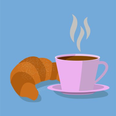 mavi arka planda kahve kupaları ve kruvasanların Illustration