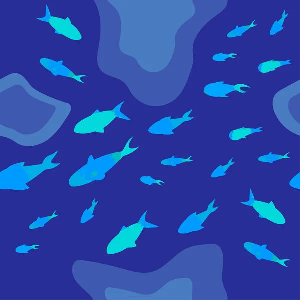 Seamless Pattern School Fish Turquoise Texture Reef Shoal Dark Blue — Stock Vector