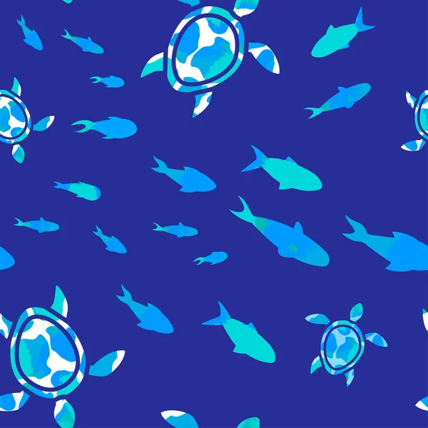 紺色の背景にターコイズ色のテクスチャを持つウミガメや魚の群れのシームレスなパターン パッケージ カバー ファブリックのための近代的な抽象的なデザイン — ストックベクタ