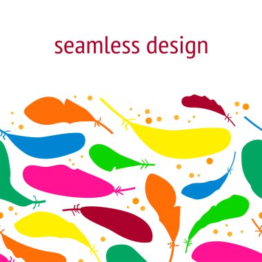 Çok renkli karnaval kuşlarının tüyleriyle kusursuz bir desen. Giysiler, ambalaj, kağıt, kapak, kumaş için modern tasarım