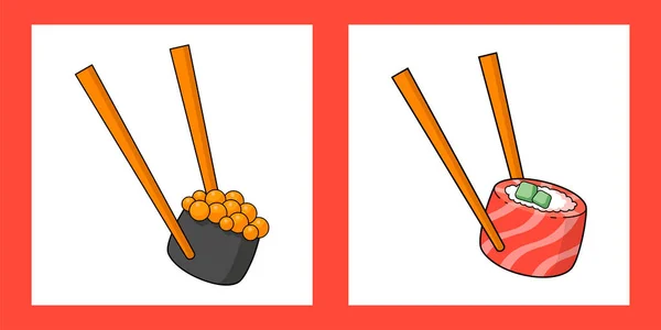 Set Two Illustrations Roll Philadelphia Sushi Caviar Wooden Chopsticks Japanese — Stock Vector