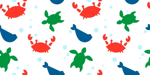 Patrón Sin Costuras Bebé Con Siluetas Cangrejos Rojos Peces Tortugas — Vector de stock