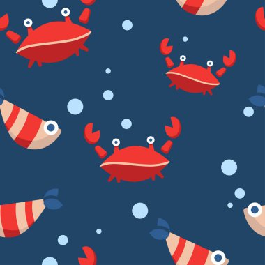 Kırmızı yengeç, çizgili balık ve baloncuk desenli koyu mavi bir arka plan. Çizgi film düz tasarım. Deniz teması. Paketleme, kağıt, kumaş için. Elbiseler için yazdır
