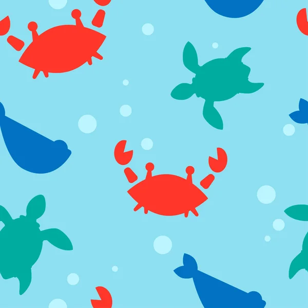 赤カニ カメや泡のシルエットを背景に赤ちゃんのシームレスなパターン フラットなデザイン 海をテーマに 布のために 服のためのプリント — ストックベクタ