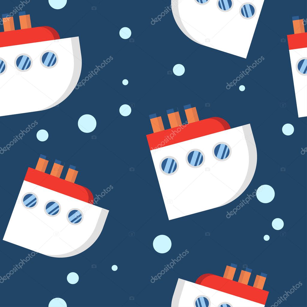 baby seamless pattern with white ships and liners on a dark blue background. cartoon flat design. cruise. Marine theme. for packaging, paper, fabric. print for clothes