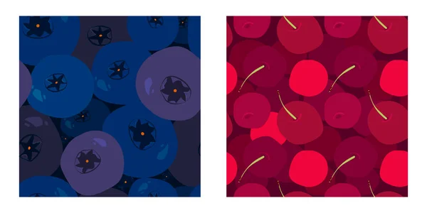 Set Aus Zwei Nahtlosen Mustern Mit Cartoon Süßkirsche Blaubeeren Heidelbeerernte — Stockvektor