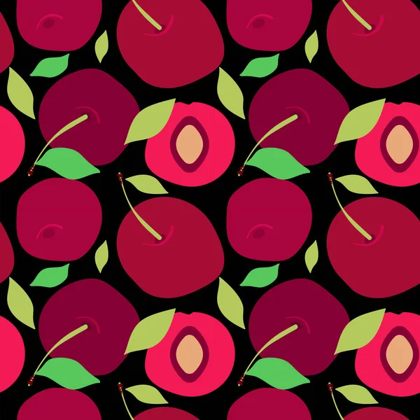 Απρόσκοπτη Μοτίβο Καρτούν Γλυκό Κεράσι Cherrystone Πράσινα Φύλλα Και Κλαδιά — Διανυσματικό Αρχείο