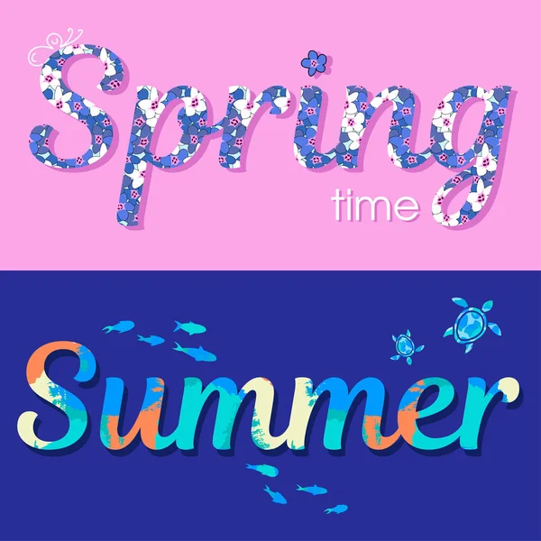 Frühling Und Sommer Schriftzug Mit Tieren Und Blumen Textur Effekt — Stockvektor