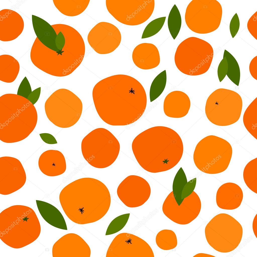 seamless pattern with bright orange citruses on a white background. ripe oranges, tangerines and leaves. modern abstract design for packaging, print for clothes, fabric
