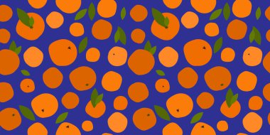 Mavi arka planda parlak turuncu sitrusları olan kusursuz bir desen. olgun portakallar, mandalinalar ve yapraklar. ambalaj için modern soyut tasarım, giysiler için baskı, kumaş