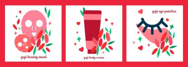 Yüz derisi için üç adet krem, göz bandı ve maskeli resim seti. Goji üzümlerine dayalı doğal cilt bakımı. Gözlerinin etrafındaki cilt için maske.