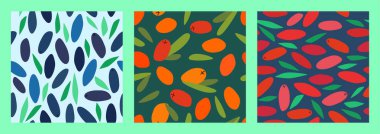 Hanımeli, deniz dikenlisi, goji üzümü ve yapraklı üç dikişsiz desen. Yaban mersinleri ambalaj için soyut tasarım, giysiler için baskı, kumaş