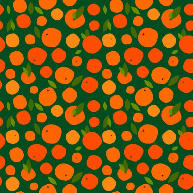 Koyu yeşil arka planda parlak turuncu sitrusları olan kusursuz bir desen. olgun portakallar, mandalinalar ve yapraklar. Paketleme için soyut tasarım, giysiler için baskı, kumaş