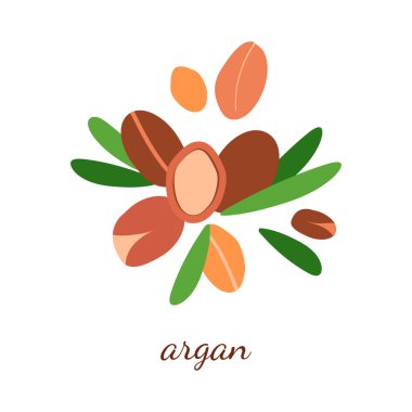 Argan yağıyla illüstrasyon. Yapraklı argan üzümü. arkaplan, ambalaj kağıdı, kapak, kumaş, kart, kozmetik ve yağ için modern soyut tasarım