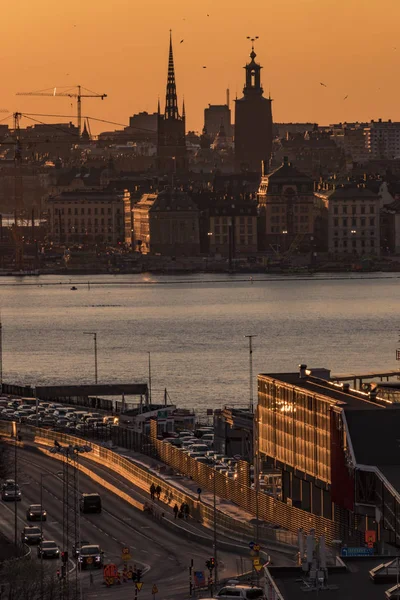 Stockholm Sverige Stockholms Hamn Vid Solnedgången — Stockfoto