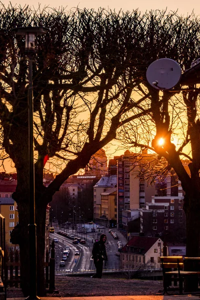 Стокгольм Швеція Пішохода Вершині Мисі Фьафанган Над Містом Заході Сонця — стокове фото