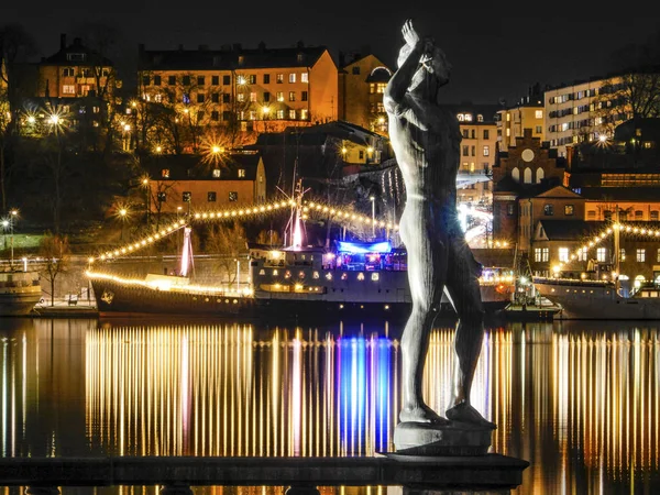 Stokholm Sveç Gece Belediye Den Sodermalm Yansıması Ile Görünümü Riddarfjrden — Stok fotoğraf