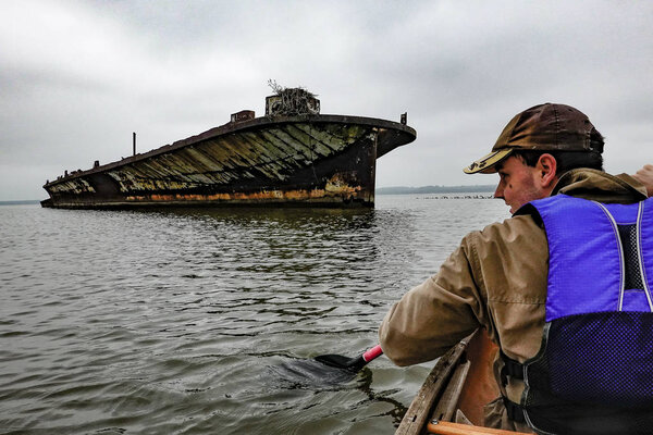 Mallows Bay, Maryland USA  A young man canoeing through the ghost fleet of Mallows Bay, a collection of historic shipwrecks on the Potomac River.
