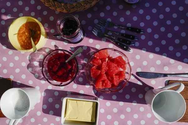 Hirtshals Denmark Danish Breakfast Consisting Fresh Buns Jams Butter Coffee — Stock Photo, Image