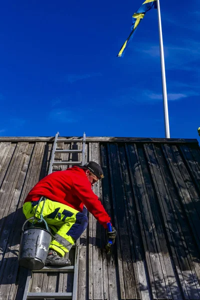 Burgsvik Gotland Sveç Bir Adam Bir Ahır Çatı Katran Boya — Stok fotoğraf