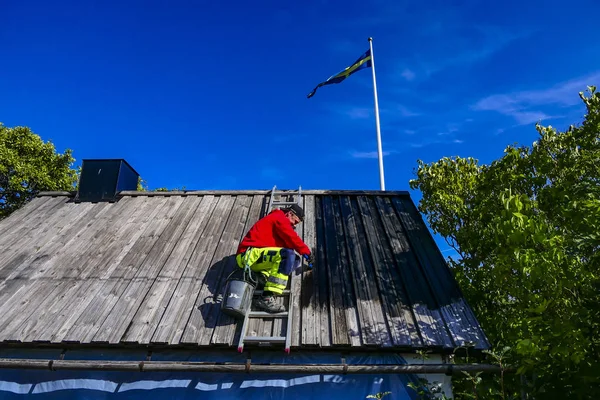 Burgsvik Gotland Sveç Bir Adam Bir Ahır Çatı Katran Boya — Stok fotoğraf