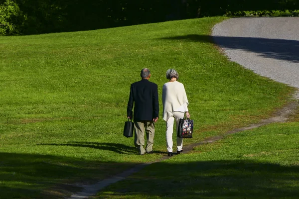 Stockholm, İsveç. Stockholm 'ün 6 km kuzeyindeki Royal National City Park' ta Edsviken nehrinin kıyısında yer alan Ulriksdal Sarayı 'nda yürüyen yaşlı bir çift..