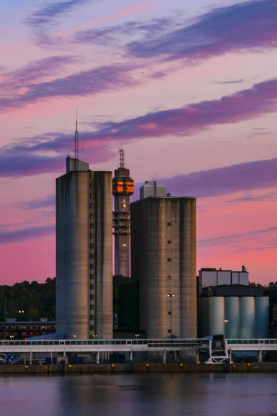 Stoccolma Svezia Frihamnen Porto Stoccolma Incorniciato Silos Tramonto — Foto Stock