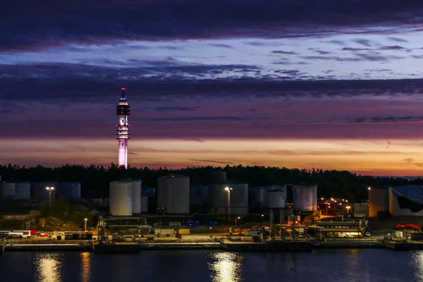 Stockholm Švédsko Frihamnen Přístav Stockholmu Orámovaný Silosem Při Západu Slunce — Stock fotografie