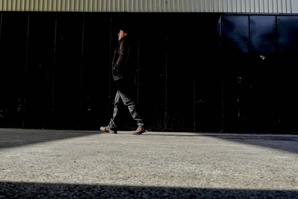 Stockholm Sweden Man Walks Strong Shadows Varberg Centrum Inthe Suburbs — Stock Photo, Image