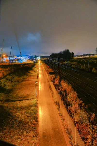 Stockholm Sverige Cykelväg Natten Kista Förort — Stockfoto