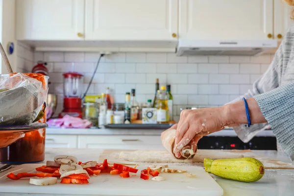 Woman Rolls Dough Make Home Made Pizza — Stock Photo, Image